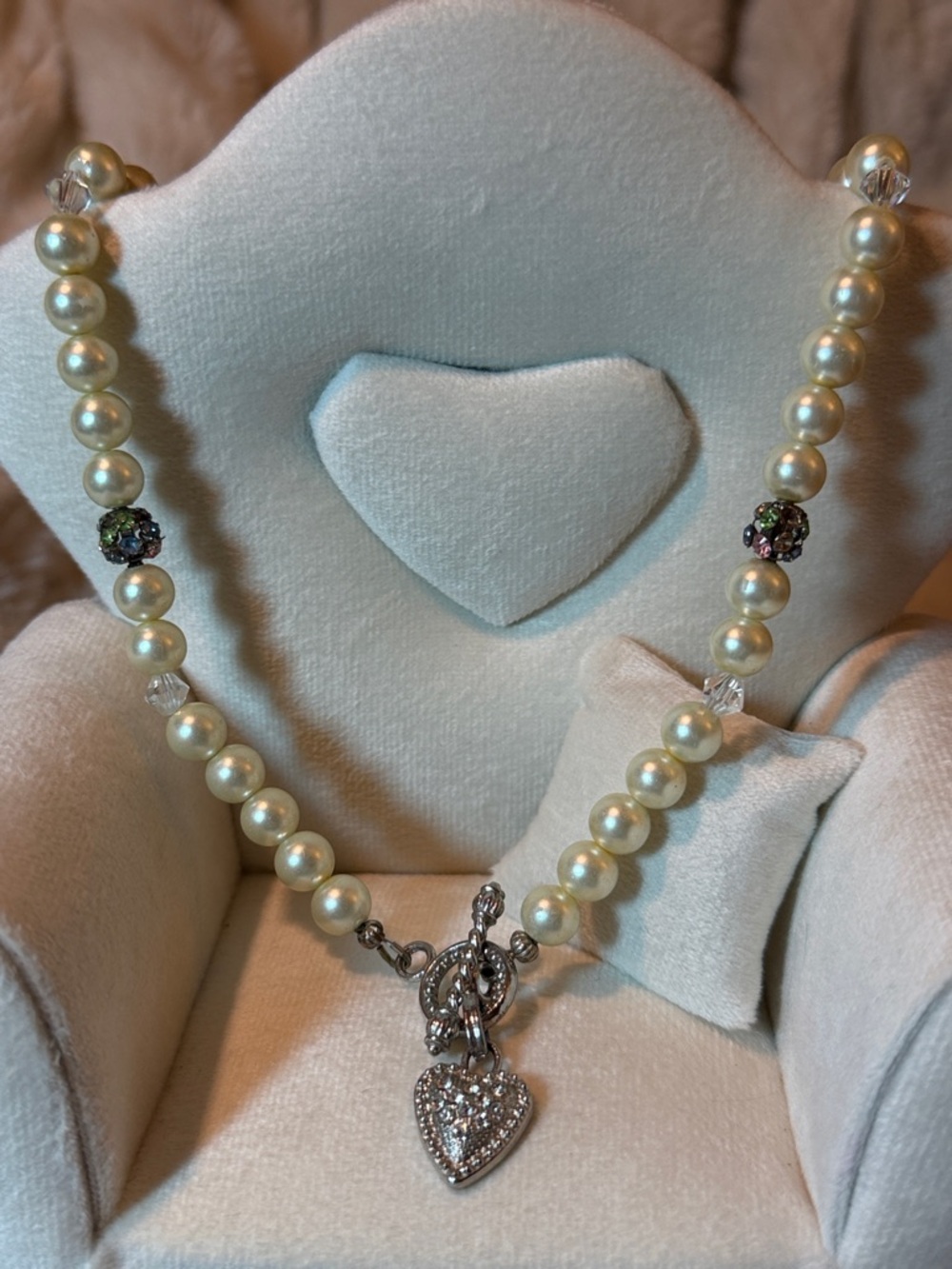 Vintage Pearl and Multi-Color Rhinestone Necklace with Rhinestone Heart Pendant